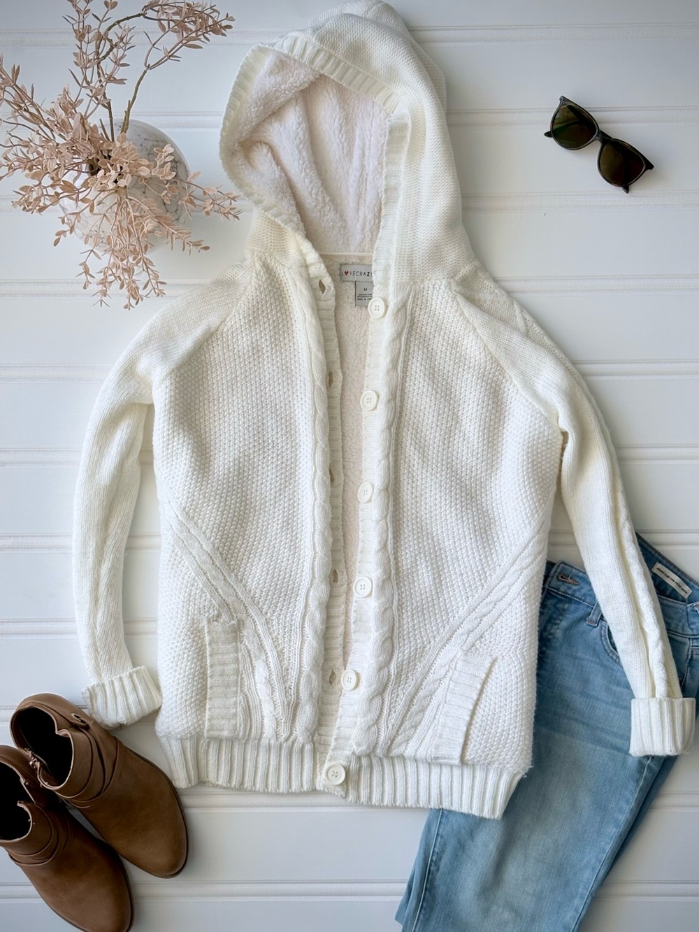 Hooded Cable Knit Cardigan Sweater - White
